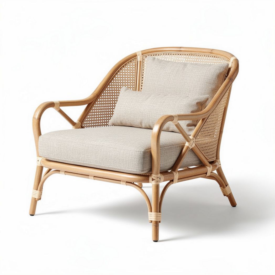 Poltrona in rattan con cuscino in tessuto per soggiorno – 70 x 80 x 70 cm